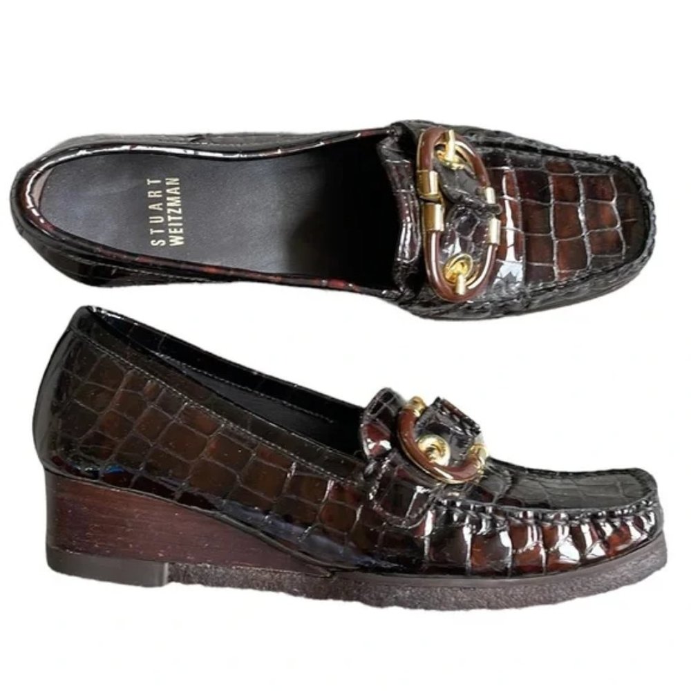 Stuart Weitzman Dark Brown Croc Embossed Wedge Loafer 5M